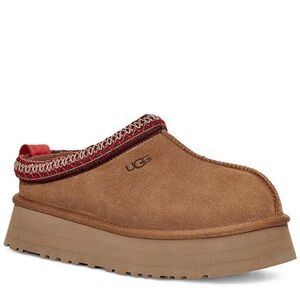 UGG Tan Suede Mule Clogs with Red Knit Trim